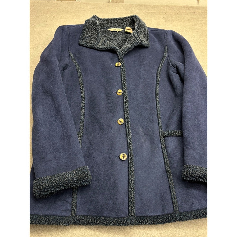 LL Bean Womens Small Navy Blue Faux Suede Sherpa Lined Button Front Jacket